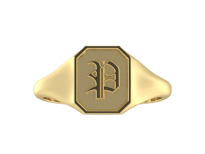 Classic men's signet ring, traditional octagonal face, custom serif initial in solid 14k yellow gold. Heavyweight, heirloom quality personalized gift for men.