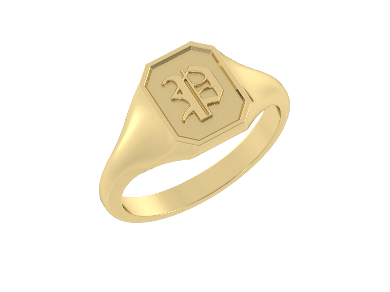 Classic men's signet ring, traditional octagonal face, custom serif initial in solid 14k yellow gold. Heavyweight, heirloom quality personalized gift for men.
