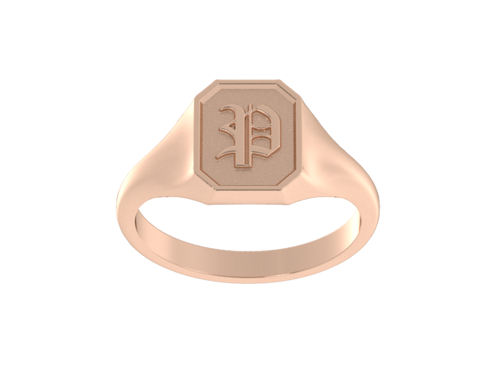 Classic men's signet ring, traditional octagonal face, custom initial in solid 14k rose gold. Heavyweight, heirloom quality personalized gift for men.