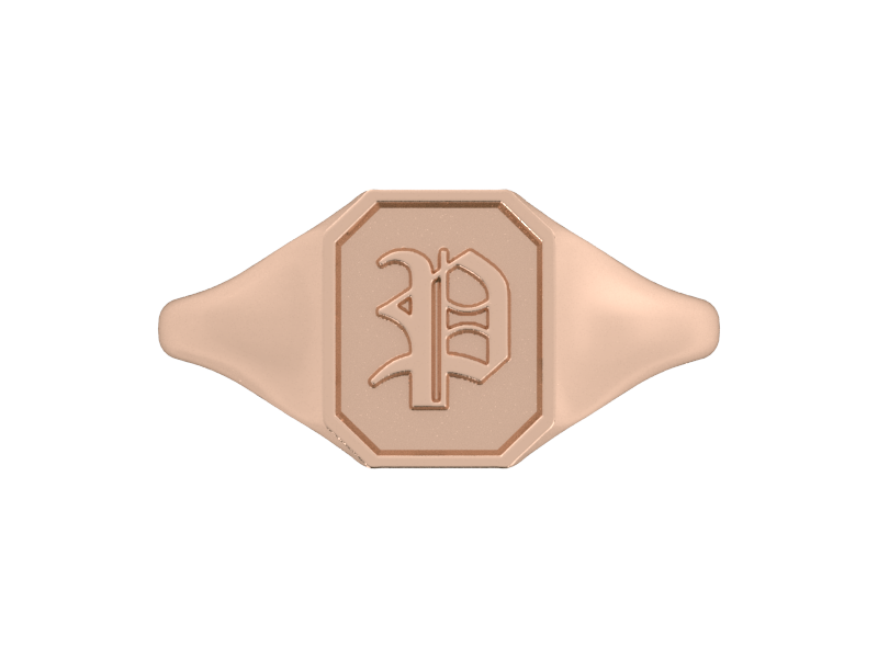 Classic men's signet ring, traditional octagonal face, custom initial in solid 14k rose gold. Heavyweight, heirloom quality personalized gift for men.