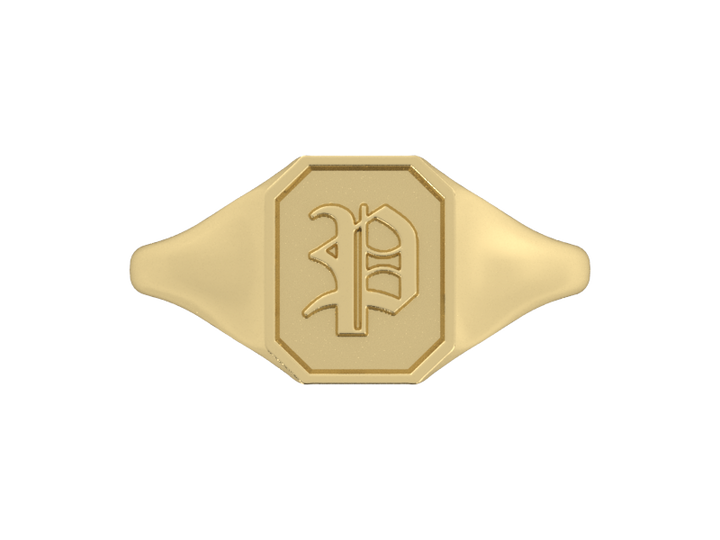 Classic men's signet ring, traditional octagonal face, custom serif initial in solid 14k yellow gold. Heavyweight, heirloom quality personalized gift for men.