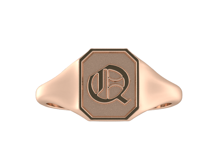 Classic men's signet ring, traditional octagonal face, custom initial in solid 14k rose gold. Heavyweight, heirloom quality personalized gift for men.