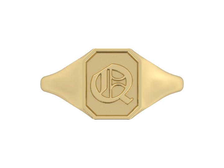 Classic men's signet ring, traditional octagonal face, custom serif initial in solid 14k yellow gold. Heavyweight, heirloom quality personalized gift for men.