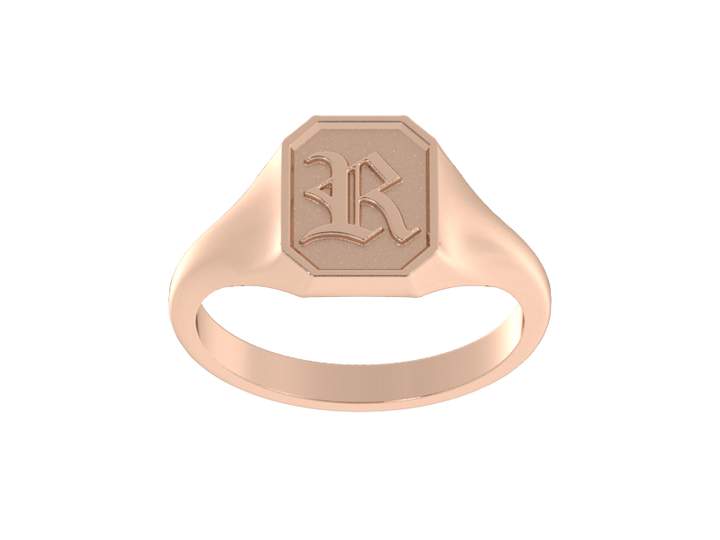 Classic men's signet ring, traditional octagonal face, custom initial in solid 14k rose gold. Heavyweight, heirloom quality personalized gift for men.