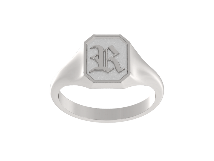 Classic men's signet ring, traditional octagonal face, custom initial in solid 14k gold or sterling silver. Heavyweight, heirloom quality personalized gift for men.