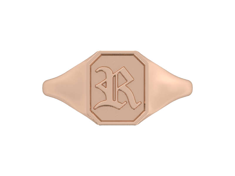 Classic men's signet ring, traditional octagonal face, custom initial in solid 14k rose gold. Heavyweight, heirloom quality personalized gift for men.