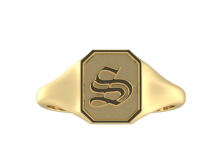 Classic men's signet ring, traditional octagonal face, custom serif initial in solid 14k yellow gold. Heavyweight, heirloom quality personalized gift for men.