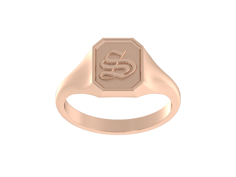 Classic men's signet ring, traditional octagonal face, custom initial in solid 14k rose gold. Heavyweight, heirloom quality personalized gift for men.
