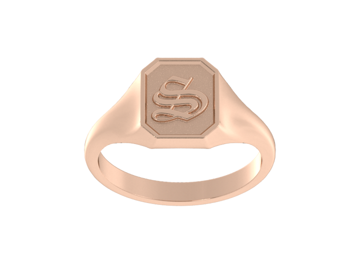 Classic men's signet ring, traditional octagonal face, custom initial in solid 14k rose gold. Heavyweight, heirloom quality personalized gift for men.
