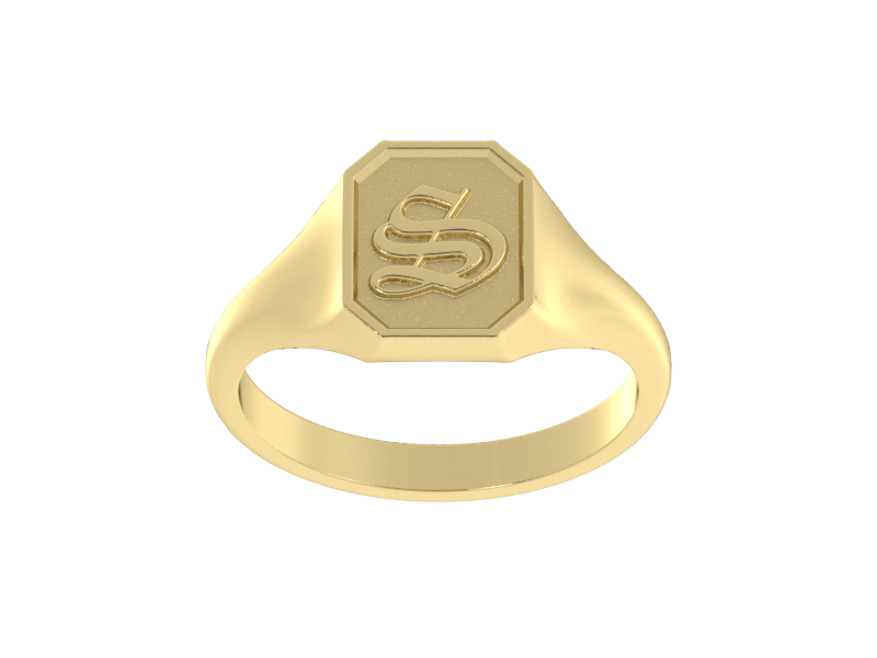 Classic men's signet ring, traditional octagonal face, custom serif initial in solid 14k yellow gold. Heavyweight, heirloom quality personalized gift for men.