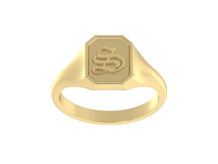 Classic men's signet ring, traditional octagonal face, custom serif initial in solid 14k yellow gold. Heavyweight, heirloom quality personalized gift for men.