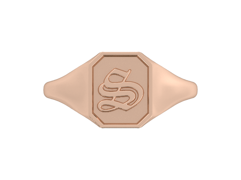 Classic men's signet ring, traditional octagonal face, custom initial in solid 14k rose gold. Heavyweight, heirloom quality personalized gift for men.