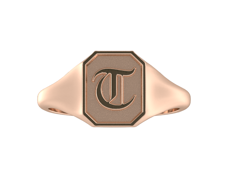 Classic men's signet ring, traditional octagonal face, custom initial in solid 14k rose gold. Heavyweight, heirloom quality personalized gift for men.