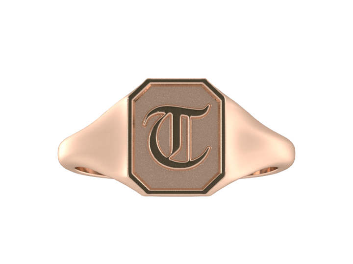 Classic men's signet ring, traditional octagonal face, custom initial in solid 14k rose gold. Heavyweight, heirloom quality personalized gift for men.