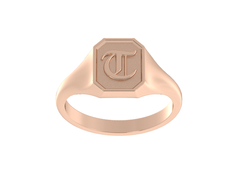 Classic men's signet ring, traditional octagonal face, custom initial in solid 14k rose gold. Heavyweight, heirloom quality personalized gift for men.