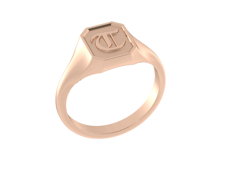 Classic men's signet ring, traditional octagonal face, custom initial in solid 14k rose gold. Heavyweight, heirloom quality personalized gift for men.