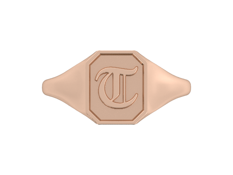 Classic men's signet ring, traditional octagonal face, custom initial in solid 14k rose gold. Heavyweight, heirloom quality personalized gift for men.