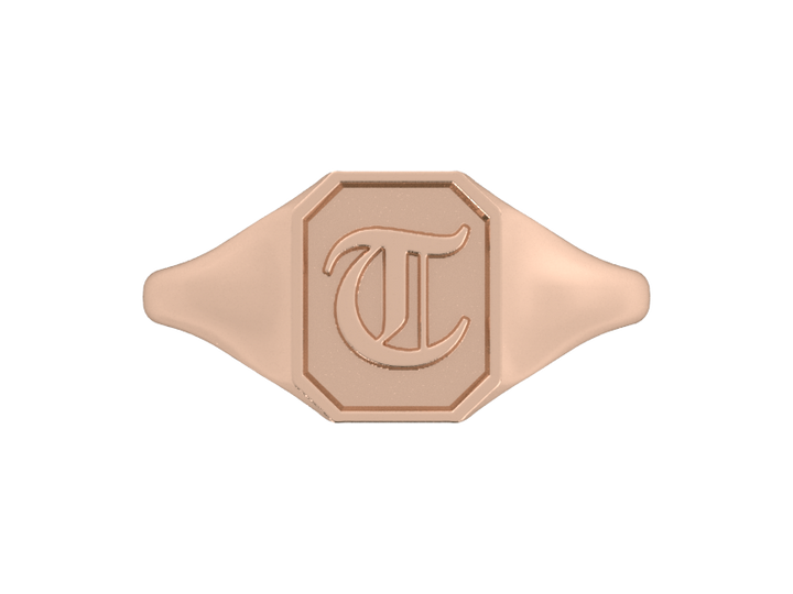 Classic men's signet ring, traditional octagonal face, custom initial in solid 14k rose gold. Heavyweight, heirloom quality personalized gift for men.