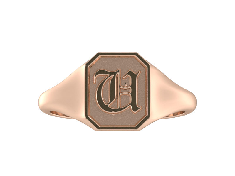 Classic men's signet ring, traditional octagonal face, custom initial in solid 14k rose gold. Heavyweight, heirloom quality personalized gift for men.