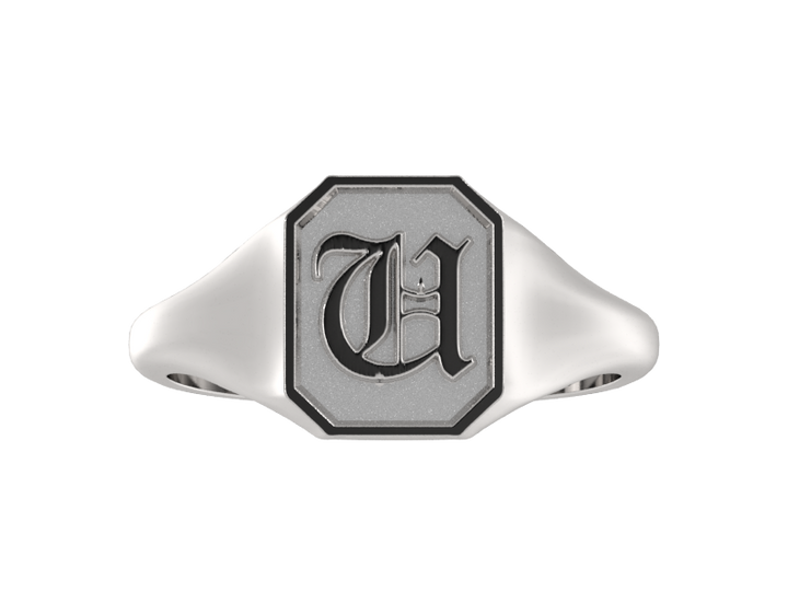 Classic men's signet ring, traditional octagonal face, custom initial in solid 14k gold or sterling silver. Heavyweight, heirloom quality personalized gift for men.