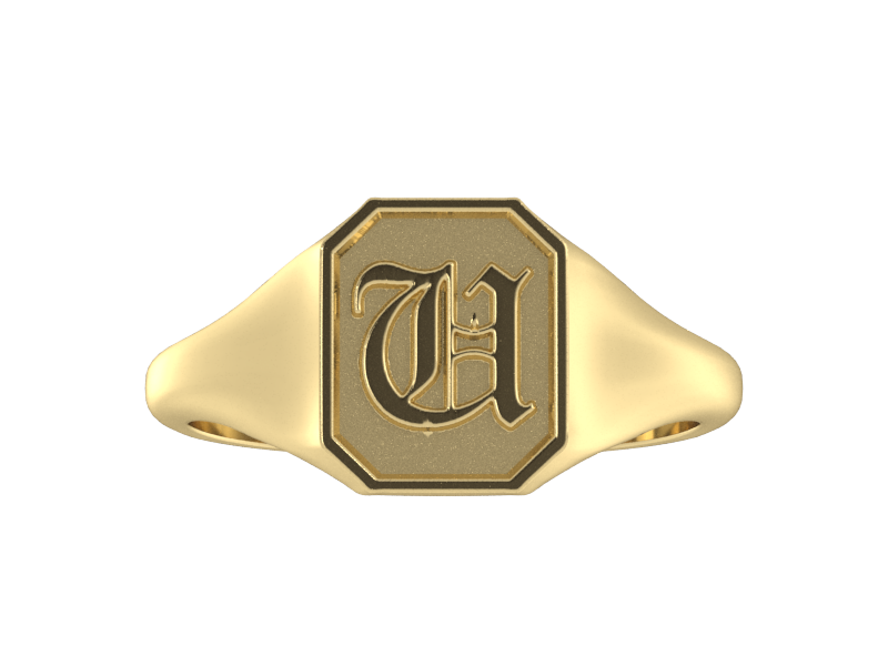 Classic men's signet ring, traditional octagonal face, custom serif initial in solid 14k yellow gold. Heavyweight, heirloom quality personalized gift for men.