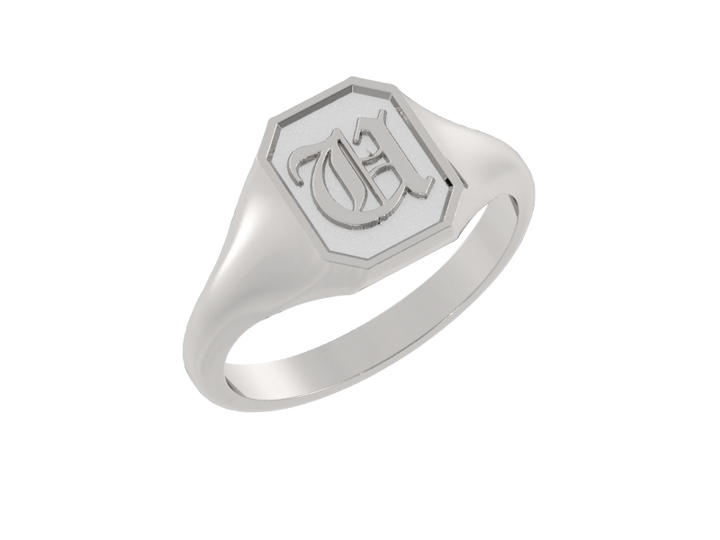 Classic men's signet ring, traditional octagonal face, custom initial in solid 14k gold or sterling silver. Heavyweight, heirloom quality personalized gift for men.