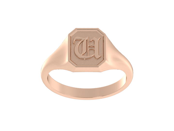 Classic men's signet ring, traditional octagonal face, custom initial in solid 14k rose gold. Heavyweight, heirloom quality personalized gift for men.