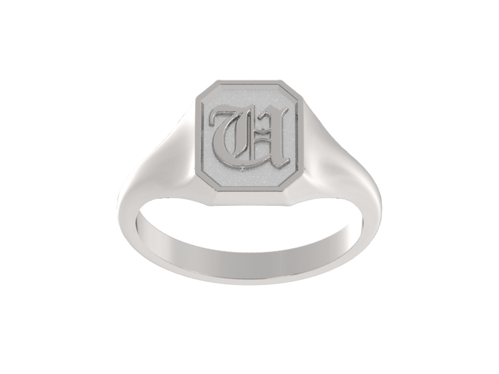 Classic men's signet ring, traditional octagonal face, custom initial in solid 14k gold or sterling silver. Heavyweight, heirloom quality personalized gift for men.