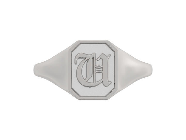 Classic men's signet ring, traditional octagonal face, custom initial in solid 14k gold or sterling silver. Heavyweight, heirloom quality personalized gift for men.