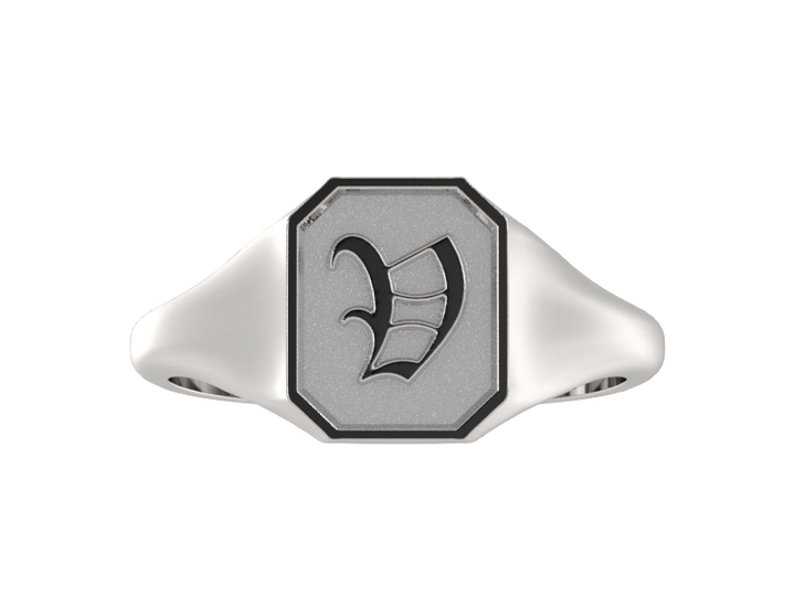 Classic men's signet ring, traditional octagonal face, custom initial in solid 14k gold or sterling silver. Heavyweight, heirloom quality personalized gift for men.