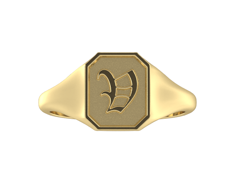 Classic men's signet ring, traditional octagonal face, custom serif initial in solid 14k yellow gold. Heavyweight, heirloom quality personalized gift for men.