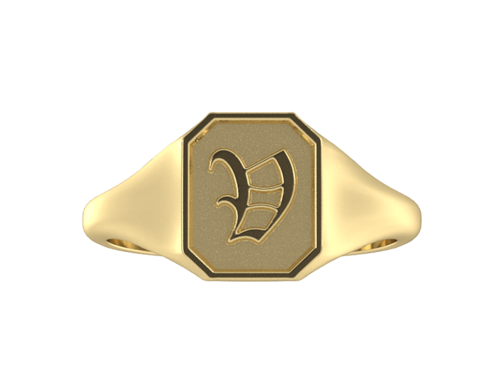 Classic men's signet ring, traditional octagonal face, custom serif initial in solid 14k yellow gold. Heavyweight, heirloom quality personalized gift for men.