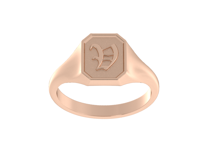 Classic men's signet ring, traditional octagonal face, custom initial in solid 14k rose gold. Heavyweight, heirloom quality personalized gift for men.