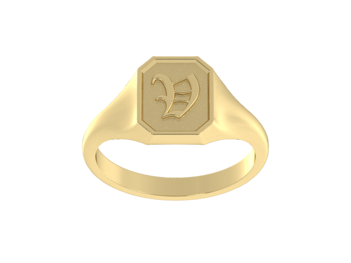 Classic men's signet ring, traditional octagonal face, custom serif initial in solid 14k yellow gold. Heavyweight, heirloom quality personalized gift for men.