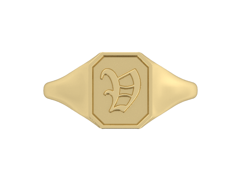 Classic men's signet ring, traditional octagonal face, custom serif initial in solid 14k yellow gold. Heavyweight, heirloom quality personalized gift for men.