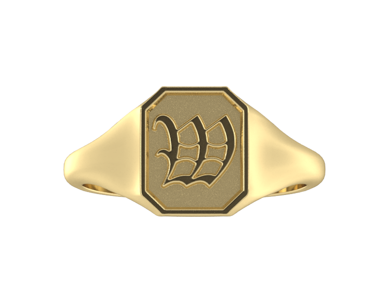 Classic men's signet ring, traditional octagonal face, custom serif initial in solid 14k yellow gold. Heavyweight, heirloom quality personalized gift for men.