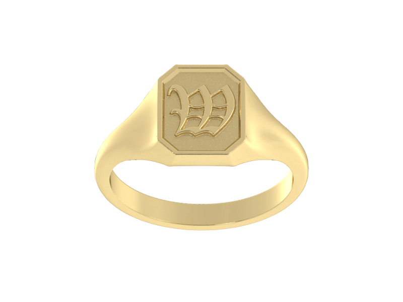 Classic men's signet ring, traditional octagonal face, custom serif initial in solid 14k yellow gold. Heavyweight, heirloom quality personalized gift for men.