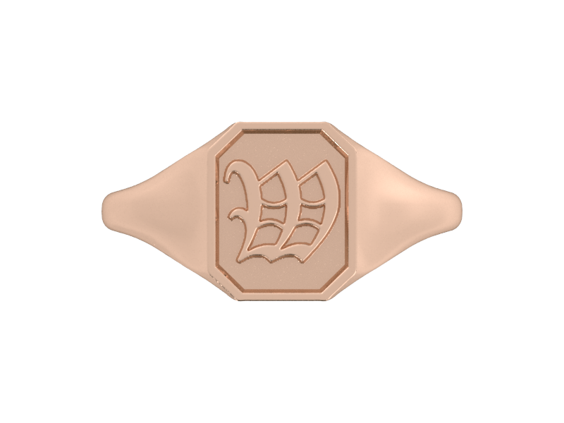 Classic men's signet ring, traditional octagonal face, custom initial in solid 14k rose gold. Heavyweight, heirloom quality personalized gift for men.