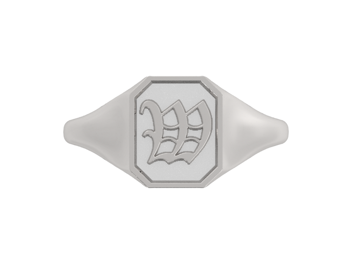 Classic men's signet ring, traditional octagonal face, custom initial in solid 14k gold or sterling silver. Heavyweight, heirloom quality personalized gift for men.