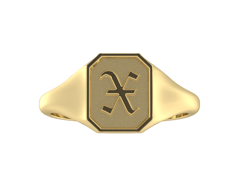 Classic men's signet ring, traditional octagonal face, custom serif initial in solid 14k yellow gold. Heavyweight, heirloom quality personalized gift for men.