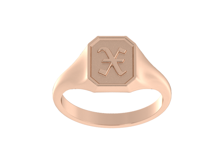 Classic men's signet ring, traditional octagonal face, custom initial in solid 14k rose gold. Heavyweight, heirloom quality personalized gift for men.