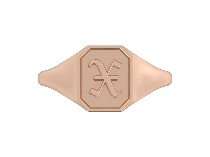 Classic men's signet ring, traditional octagonal face, custom initial in solid 14k rose gold. Heavyweight, heirloom quality personalized gift for men.