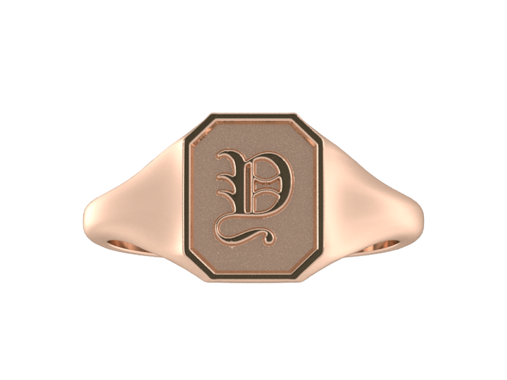 Classic men's signet ring, traditional octagonal face, custom initial in solid 14k rose gold. Heavyweight, heirloom quality personalized gift for men.
