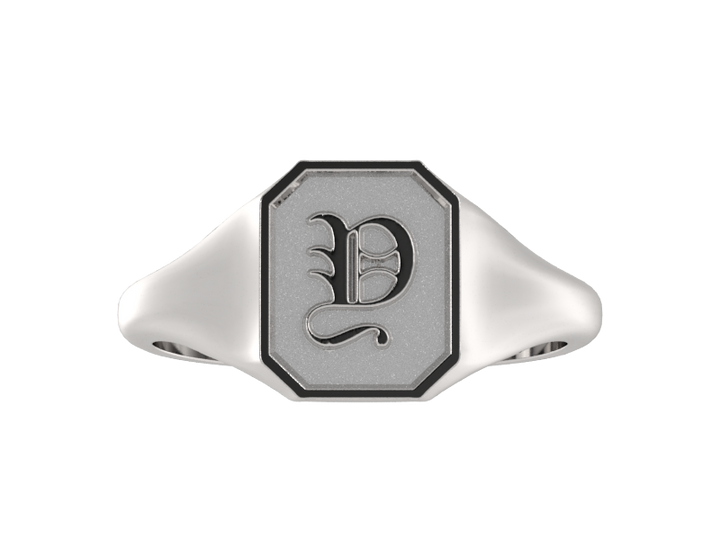 Classic men's signet ring, traditional octagonal face, custom initial in solid 14k gold or sterling silver. Heavyweight, heirloom quality personalized gift for men.