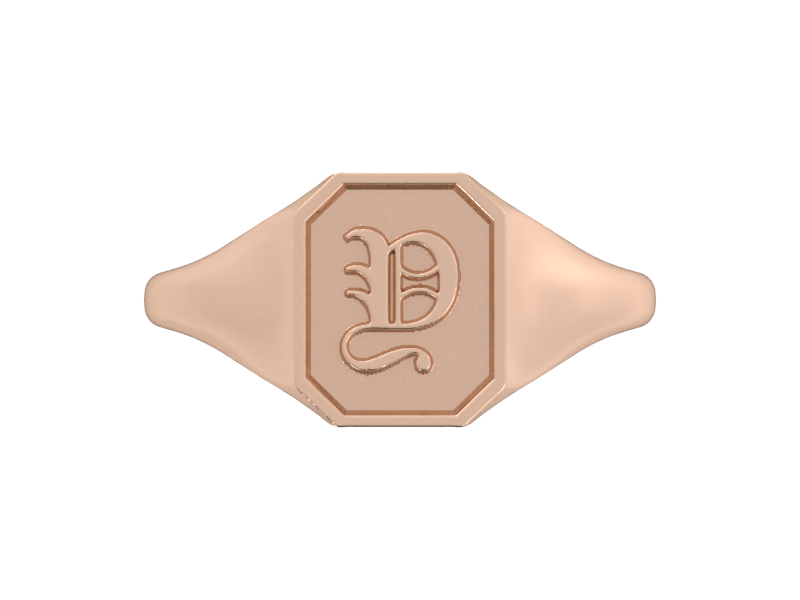 Classic men's signet ring, traditional octagonal face, custom initial in solid 14k rose gold. Heavyweight, heirloom quality personalized gift for men.