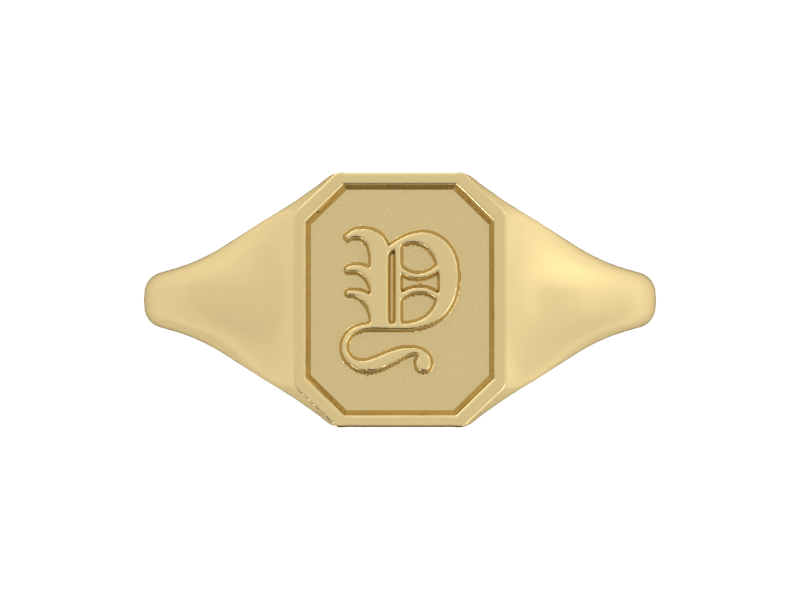 Classic men's signet ring, traditional octagonal face, custom serif initial in solid 14k yellow gold. Heavyweight, heirloom quality personalized gift for men.