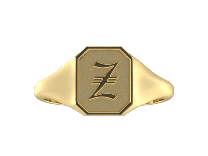 Classic men's signet ring, traditional octagonal face, custom serif initial in solid 14k yellow gold. Heavyweight, heirloom quality personalized gift for men.