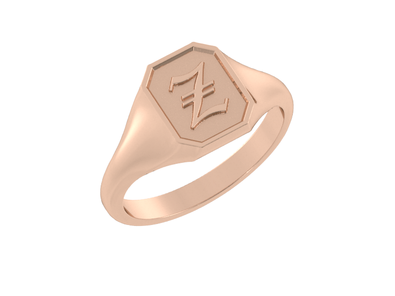 Classic men's signet ring, traditional octagonal face, custom initial in solid 14k rose gold. Heavyweight, heirloom quality personalized gift for men.