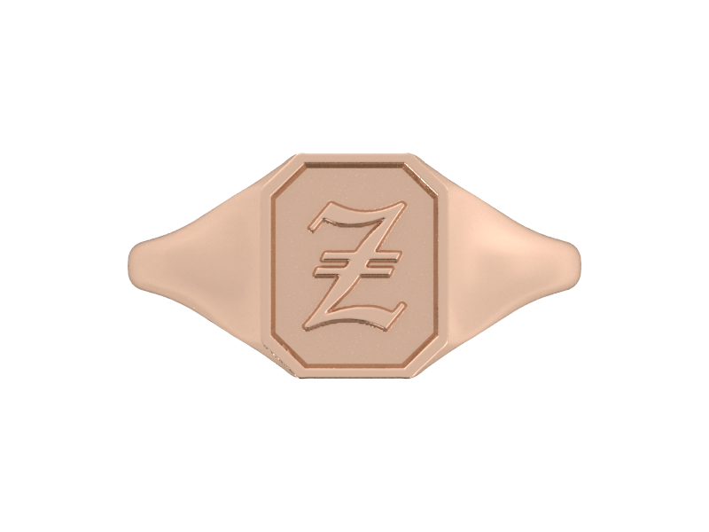 Classic men's signet ring, traditional octagonal face, custom initial in solid 14k rose gold. Heavyweight, heirloom quality personalized gift for men.