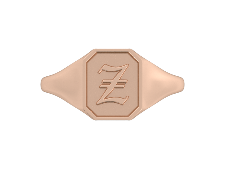 Classic men's signet ring, traditional octagonal face, custom initial in solid 14k rose gold. Heavyweight, heirloom quality personalized gift for men.